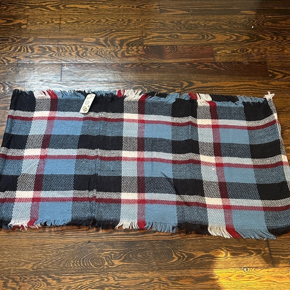 Plaid Fringe Infinity Scarf in Blue and Red NWT